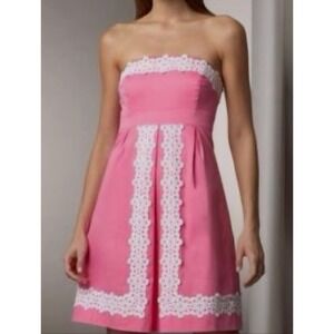 EUC Lilly Pulitzer Sz 0 Pink Betsey Dress Strapless White Lace Embroidery Pleat